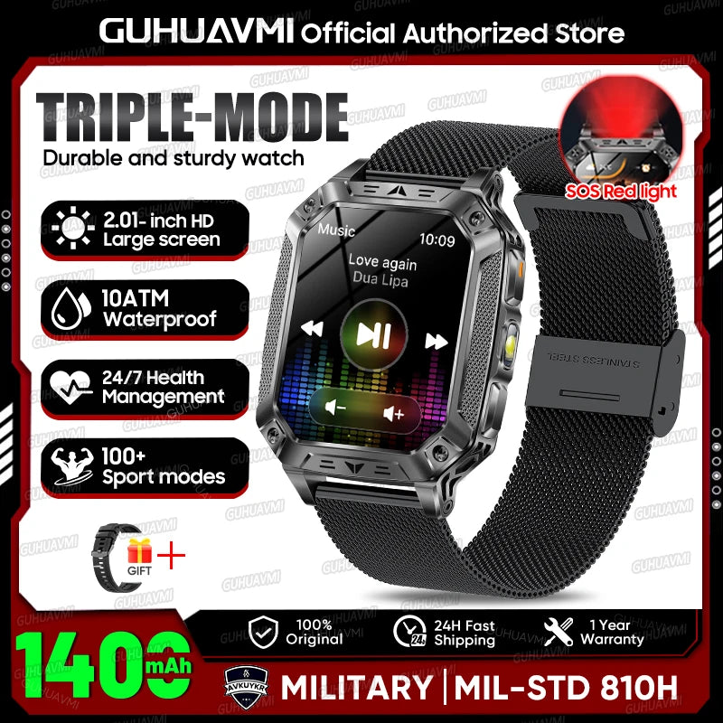 2026 Outdoors Durable Men Sports Smart Watch 1400mAh Battery LED Flashlight IP69K Waterproof Bluetooth Call Military Smartwatchs