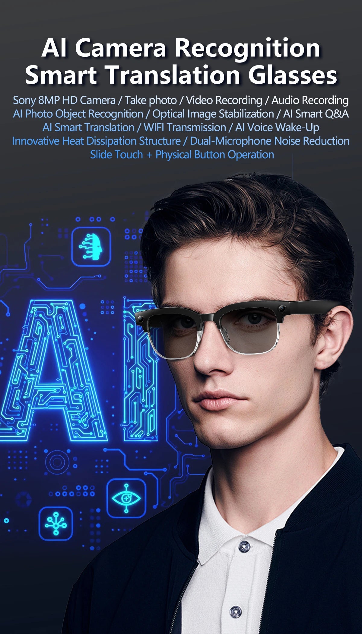 New 800W Smart Glasses 4K HD Camera 4GB Memory BT Call Voice Assistant Translate Touch Control Music Player sunglasses Men Women
