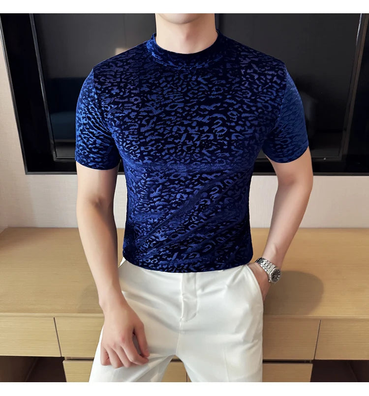 Men's T-Shirts Korean Fashion Gold Velvet Short Sleeve Mens Casual T Shirt Slim Fit Breathable Turtleneck Tee Shirt Homme 4XL-M