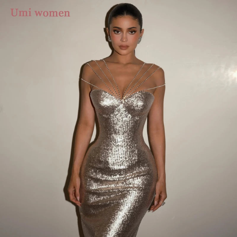 Umi Customized Luxury Glitter Mermaid Evening Spaghetti Straps Formal Dress Bodycon Sparkly Women Party Gowns 2026