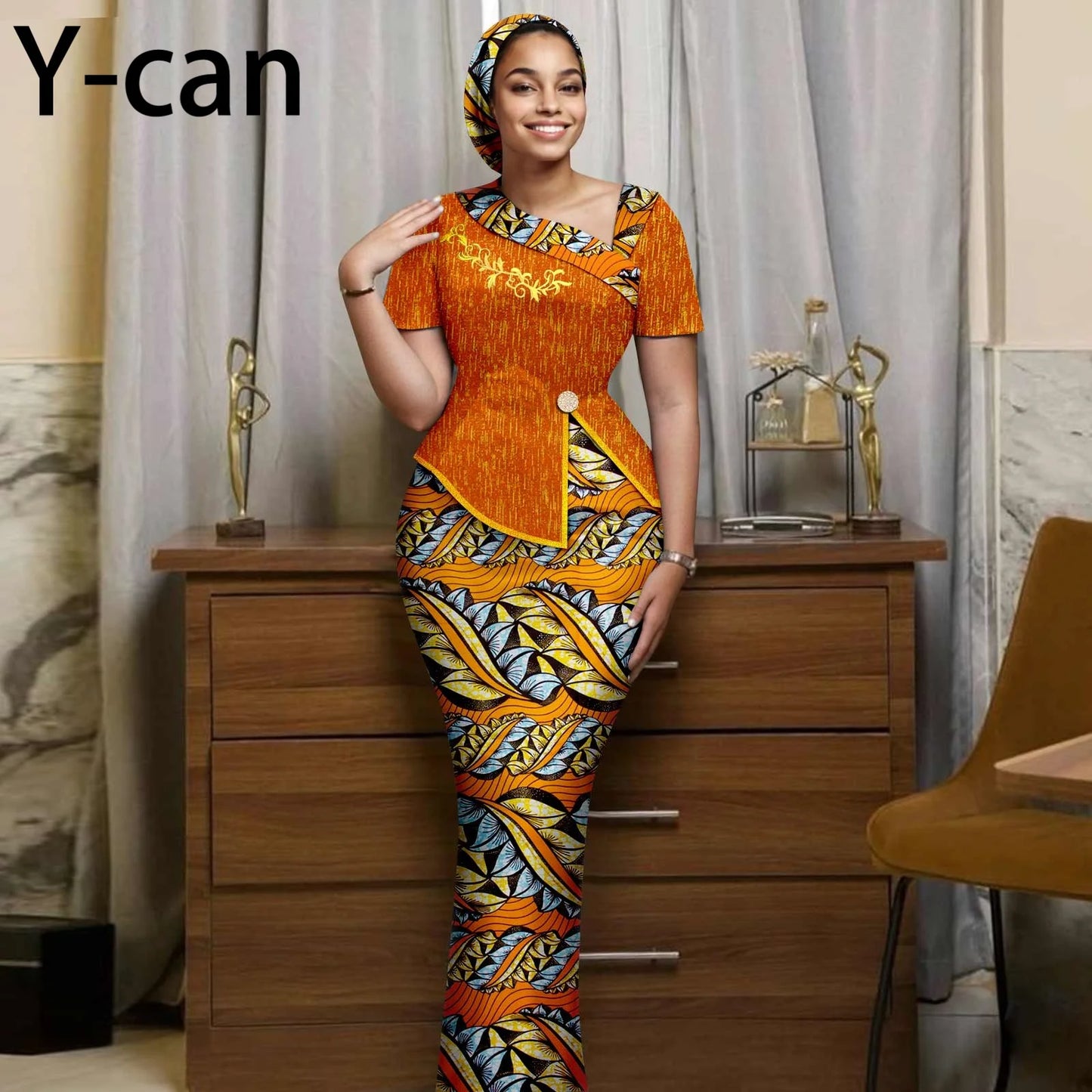 African Women Skirt Set Luxury Gown Short Sleeve Slit Top and Slim Skirt Vestidos with Headwrap Wedding Dress 2526056