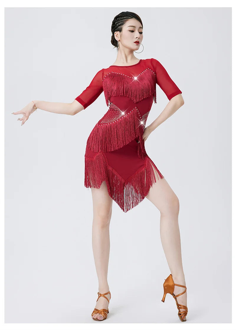 Women's Flapper Dress Fringe Salsa Latin Dance Dress Party Ballroom Dancer Outfits With Shorts Long Sleeve  Tango Samba Rumba