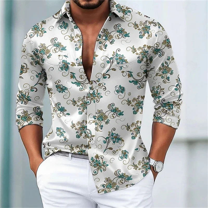 Fashion Flower pattern 3D Print Men's Long Sleeve Shirts Fashion Button-Down Tops Autumn New Casual Men's Casual Lapel Shirts