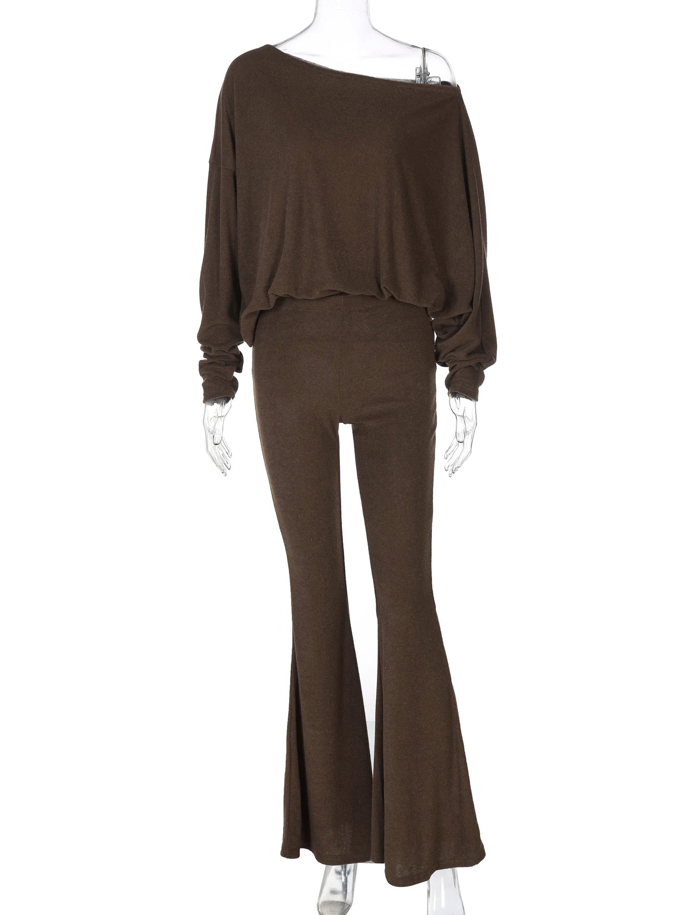 Dulzura Fashion Sexy 2 Piece Pants Set Skew Collar Long Sleeves Slim T-Shirt And Flare Pants Matching Set Party Club Streetwear