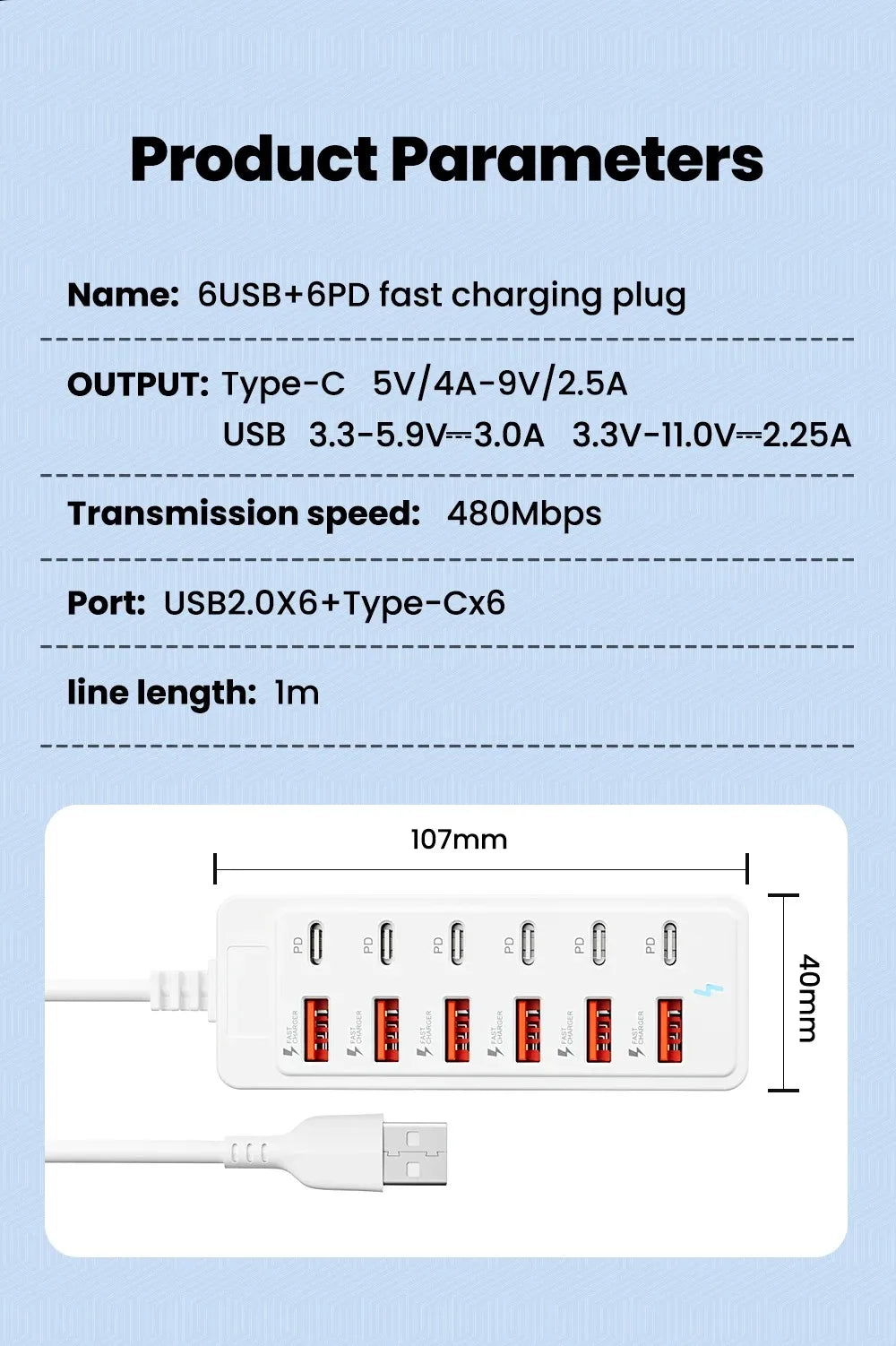 12 in 1 Fast USB Charger Power Strip Desktop Charging Station Fast Charging 1m Cord USB HUB Adapter Socket for Home Office