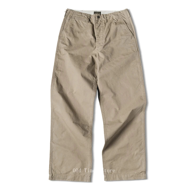 Qingtian Twill Chino Pants Vintage Workwear Men's Amekaji Khaki Trousers Loose Straight Leg