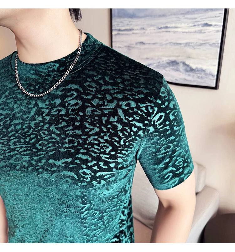 Men's T-Shirts Korean Fashion Gold Velvet Short Sleeve Mens Casual T Shirt Slim Fit Breathable Turtleneck Tee Shirt Homme 4XL-M