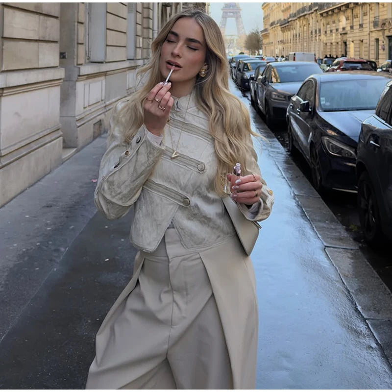 Unique Oblique Button Military Jacket Women Vintage Asymmetry Cropped Napoleon Jackets Lady New Fashion Street Spring Outwear