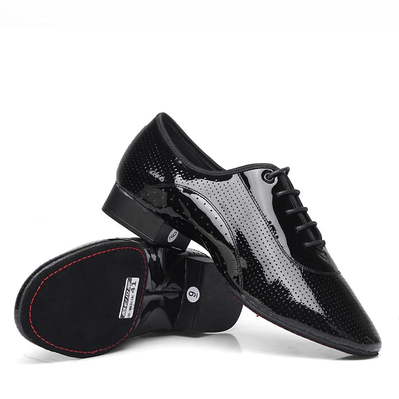 Men Latin Dance Shoes Breathable Ballroom Bright Leather Shoes Modern Dance Shoes Square Sneakers Tango Dancing Shoes