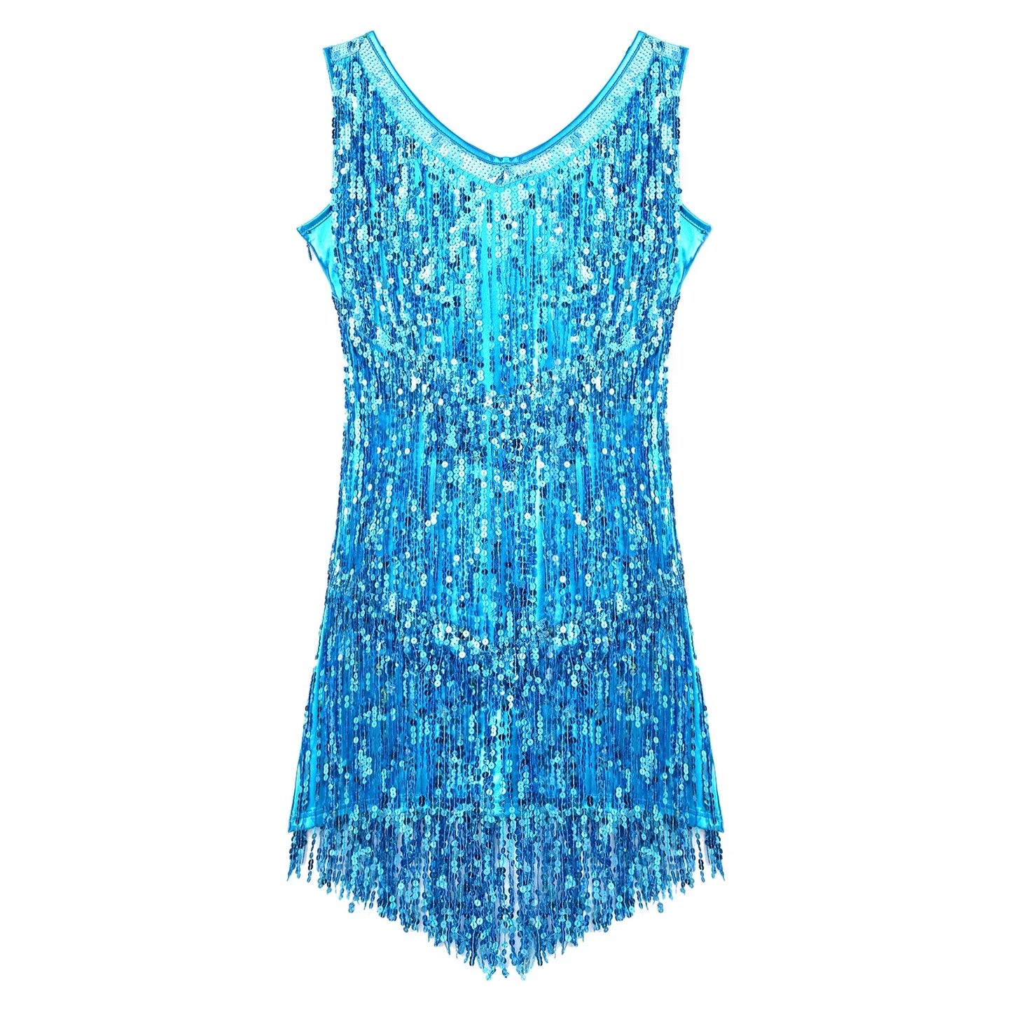Women Latin Dress Shiny Sequin Sleeveless Tassels Fringed Dress Tango Samba Rumba Ballroom Salsa Jazz Dance Performance Costume