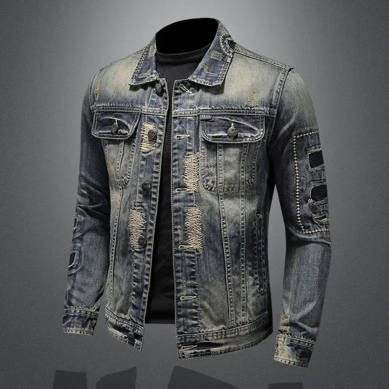 2025 Men's Autumn Winter Brand Casual Cotton Jacket with American Retro Motorcycle Embroidered Street Fashion Grey Jeans Coat