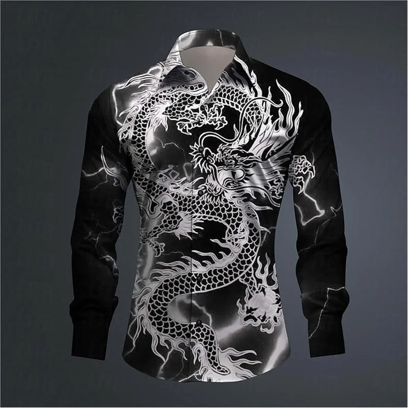 Fashion trend Men's shirt Dragon Culture Abstract 3D printed shirt for everyday wear comfortable lapel long sleeve top