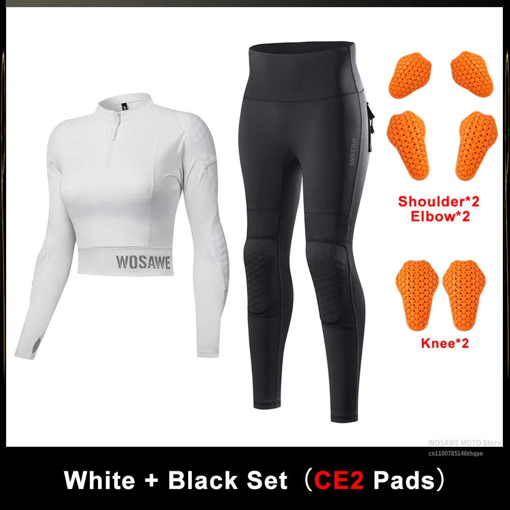 WOSAWE CE Level 1/2 Motorcycle Soft Armor Jacket Pants Set Women Biker Street Riding Clothing Sexy Fit Hip Lifting Training Wear