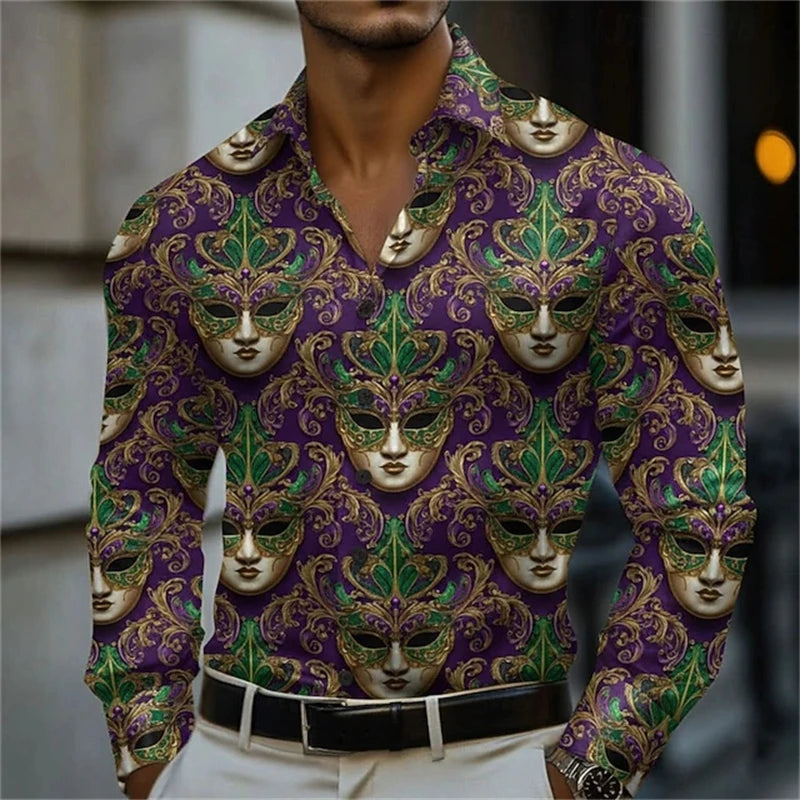Men's Carnival Themed Feather Mask Print Long-Sleeve Shirt, Fashionable Street Style Party Casual Loose Fit Men's Top XS-6XL
