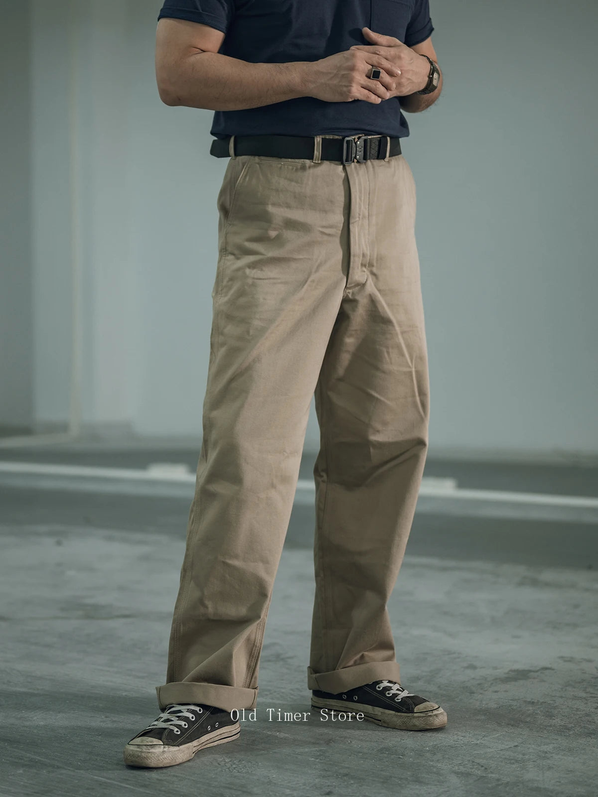 Qingtian Twill Chino Pants Vintage Workwear Men's Amekaji Khaki Trousers Loose Straight Leg