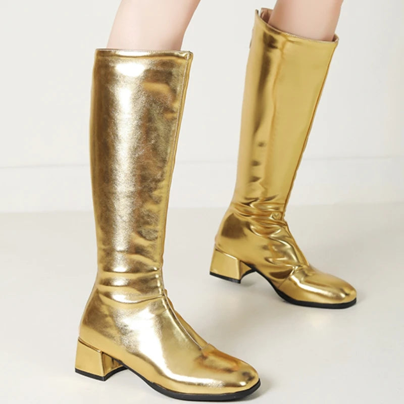 Women's Knee High Boots Winter Shoes 2025 Gold Silver Low Heeled Long Boot Ladies Party Footwear Shoes Large Size 45 Waterproof