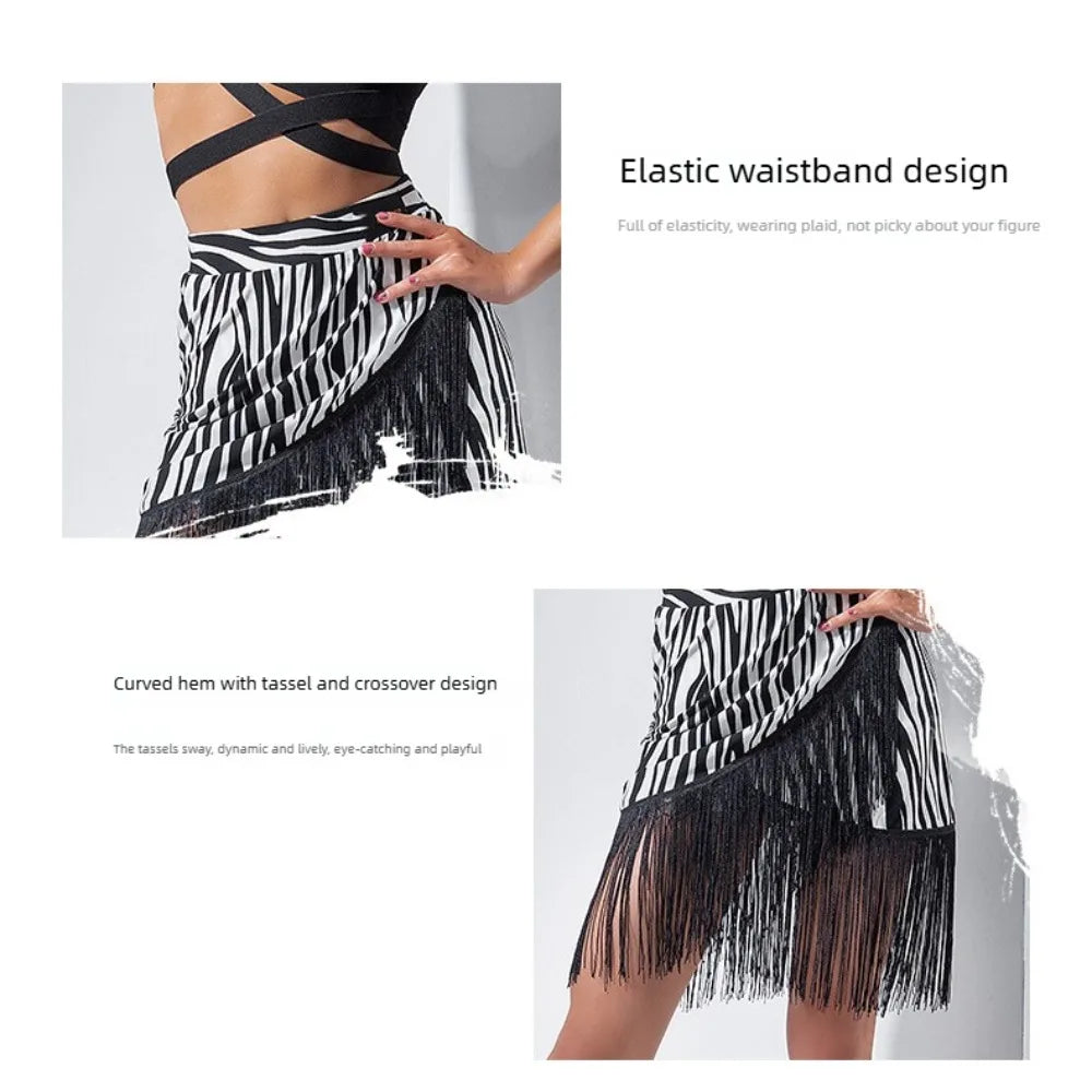 Women Latin Dance Skirt Asymmetrical Cross Hem Fringe Short Skirt Salsa Practice Performance