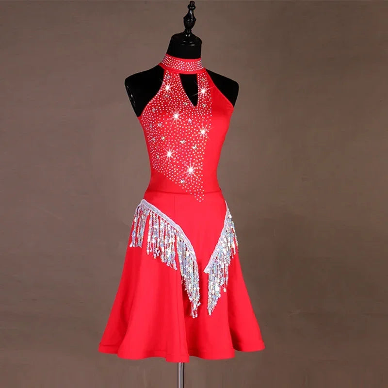 Shiny Black Red Sexy Latin Dance Dress Women High-end Custom Rumba Salsa Performance Skirt Female Dance Dresses