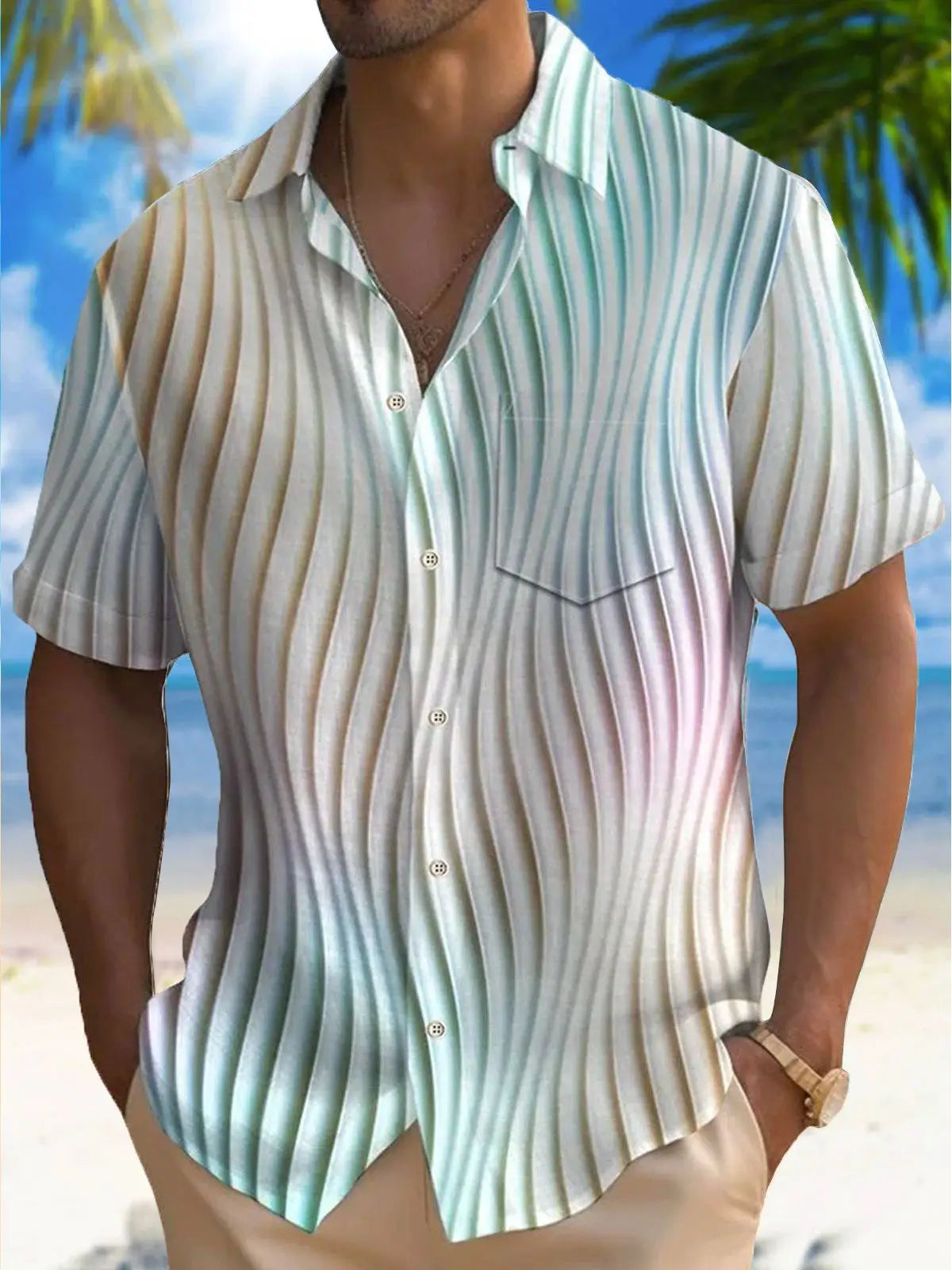New Hawaii Spring/Summer Fashion Leisure Street Walk Tourist Beach Printed Full Open Short Sleeve Button Shirt, Quick Shipping