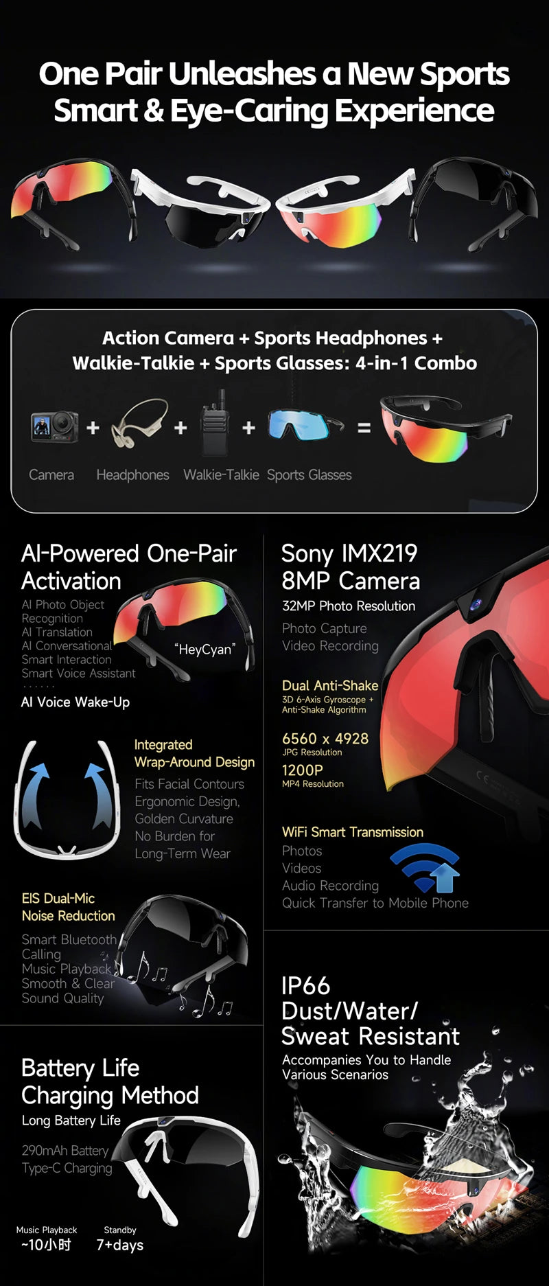 800W Pixel HD 4K Cycling Bluetooth Sports AI Smart Glasses For Photography Object Recognition Video Recording Navigation New