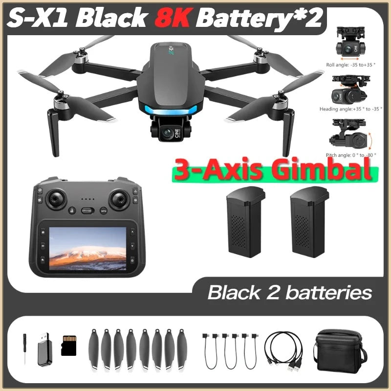 S-X1 MAX GPS Drone 4K Camera 3-Axis Gimbal EIS 5KM Digital Transmission Brushless Motor Quadcopter with 4.5" Screen Remote 231g