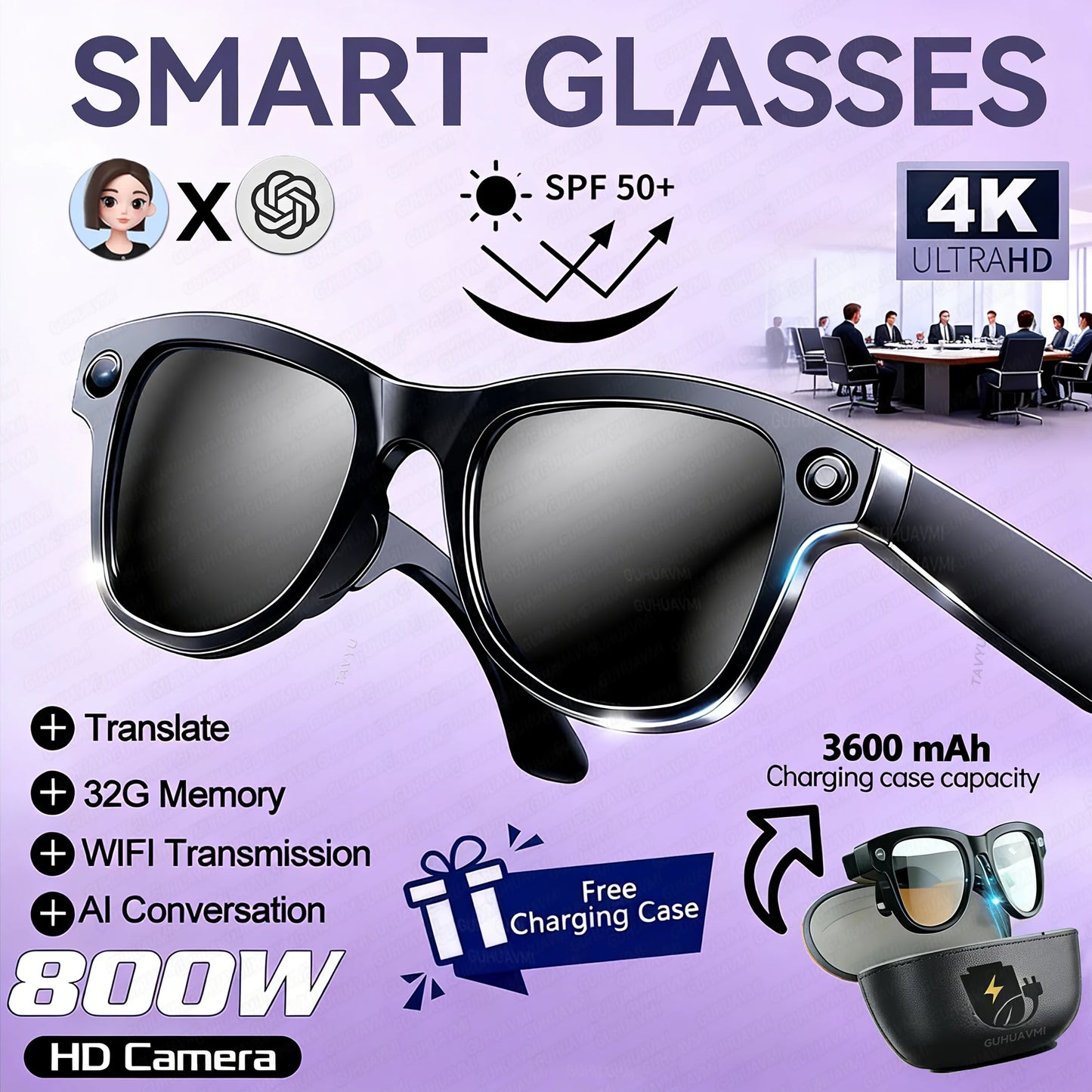 New 800W Camera 3600mAh Power Bank Smart Glasses Men Translator Take Photo WIFI Transmission Music Player AI Chat Glasses Women