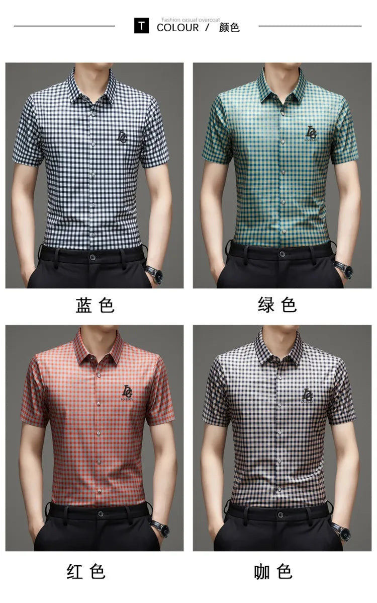High End Man's Plaid Shirts Non-iron Business Fashion Leisure Tops Luxurious Male Short Sleeve Summer Quality Thin Shirt for Men
