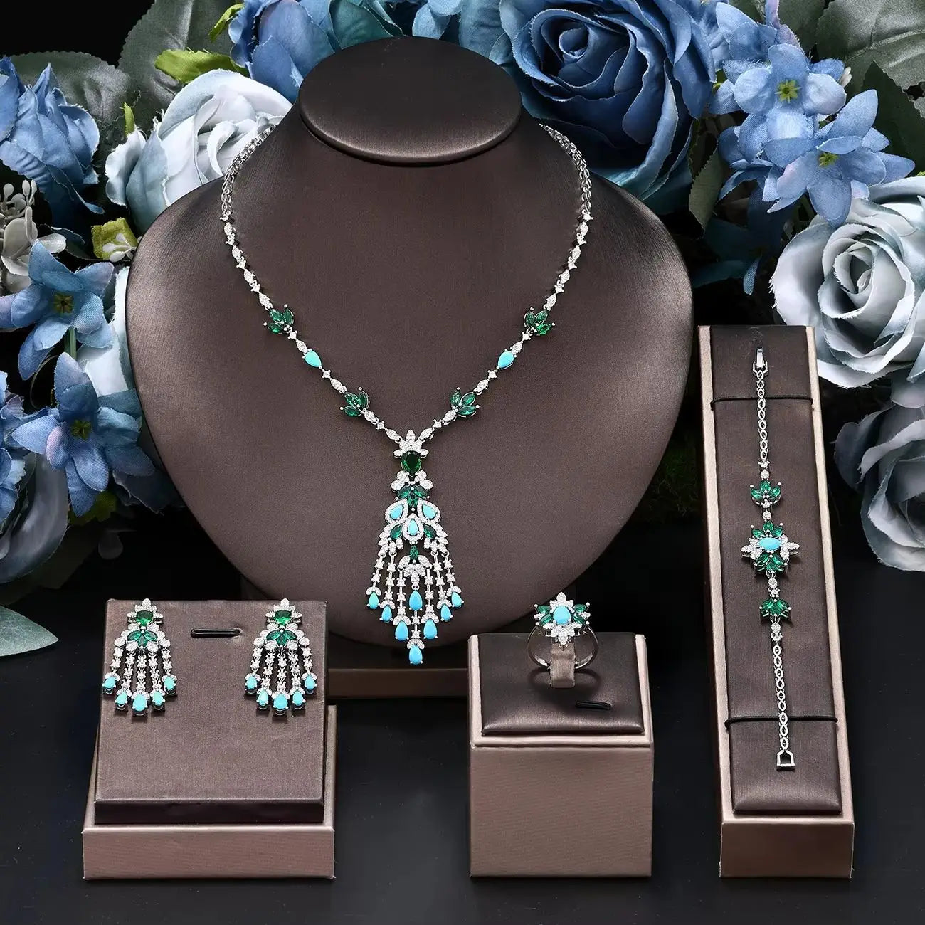 Tassel Turquoise Dubai Jewelry Sets for Wedding Birthday Party 4 Pieces Jewelry Necklace Set Bridal Accessories
