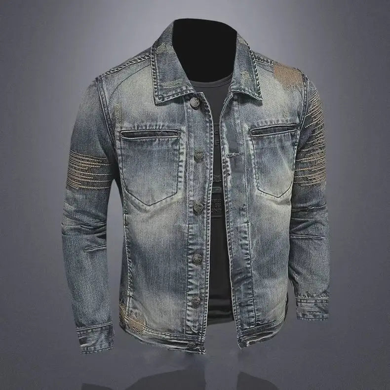 2025 Men's Autumn Winter Brand Casual Cotton Jacket with American Retro Motorcycle Embroidered Street Fashion Grey Jeans Coat