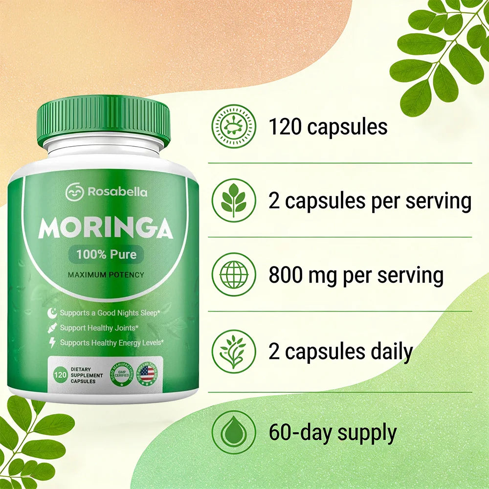 Moringa Capsules - Pure Moringa Powder, Energy, Skin, Immune & Gut Health, Antioxidants, Essential Vitamins & Amino Acids