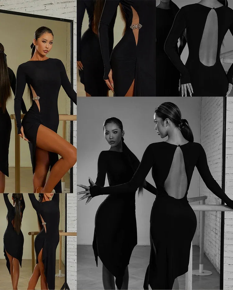 Women Black Long Sleeves Dress Adult Tango Dance Clothes Rumba Ballroom Dance Dress Practice Wear ZYM Latin Dance Dress