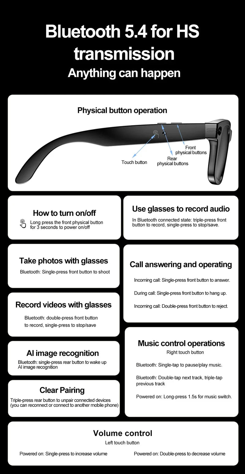 OnePlus AI Smart Glasses Photo Sense Camera Bluetooth Music Call Intelligent Recording Ip65 Waterproof Bluetooth Glasses New