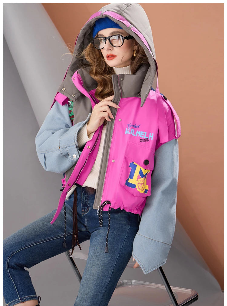 Women Short Puffer Jacket Hooded Thick Warm Winter Coat Color Block Denim Sleeve Streetwear Oversized Fashion Down Outerwear
