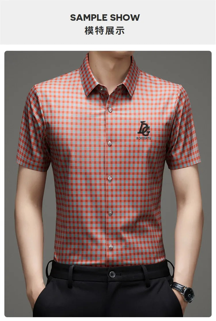 High End Man's Plaid Shirts Non-iron Business Fashion Leisure Tops Luxurious Male Short Sleeve Summer Quality Thin Shirt for Men