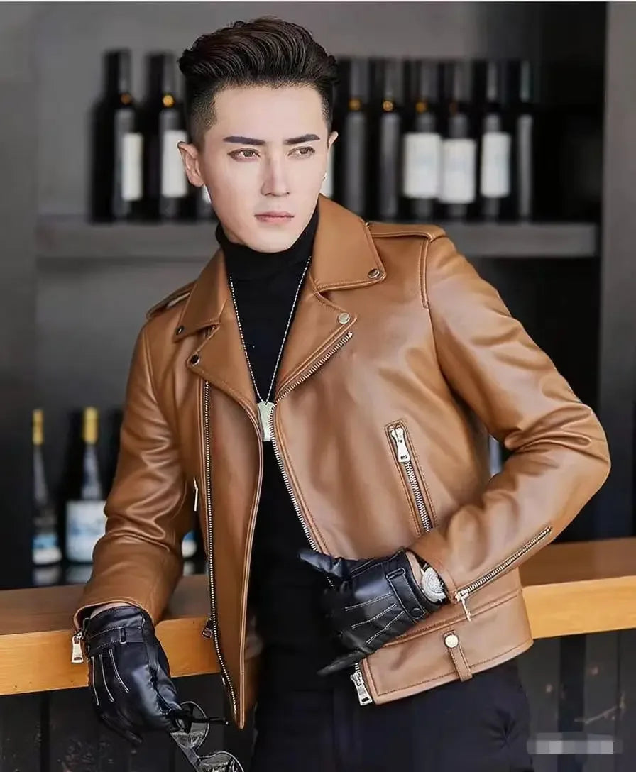 Men's Slim Fit PU Leather Jacket Fashionable Motorcycle Style Spring Autumn Korean Version Casual Outerwear Male Biker Coat