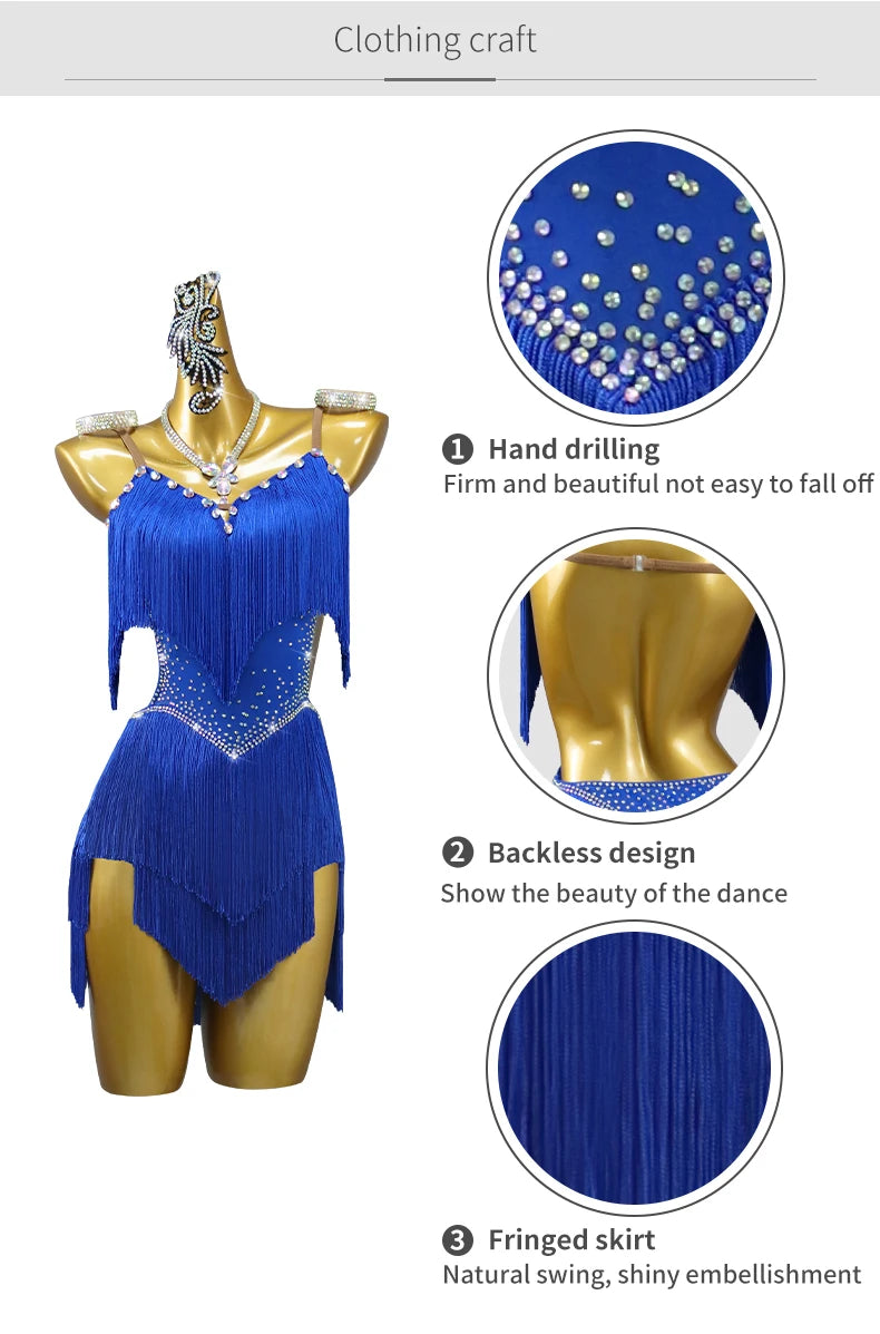 2026 New Latin Performance Dance Dress Women Sexy Outdoor Ballroom Party Fringe Skirt Sport Practice Wear Blue Prom Evening Suit