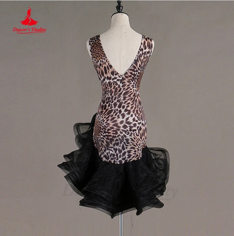 Latin Dance Dress V-Neck Wave Point Skirt Profession Custom Female Adult Child Elegant Performance Clothes Competition Clothing