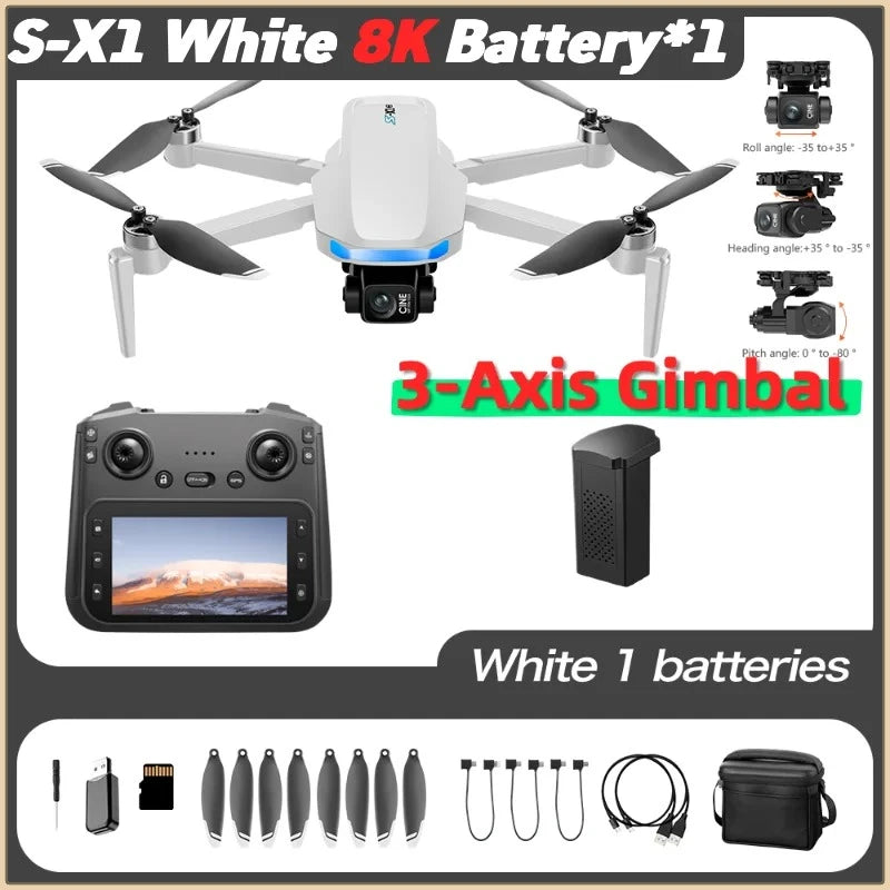 S-X1 MAX GPS Drone 4K Camera 3-Axis Gimbal EIS 5KM Digital Transmission Brushless Motor Quadcopter with 4.5" Screen Remote 231g
