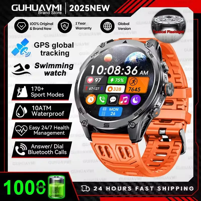 2026 New Military Smart Watch 1000Mah Battery GPS Compass 10ATM Waterproof Tactics Sports Flashlight BT call Smart Watch For Men