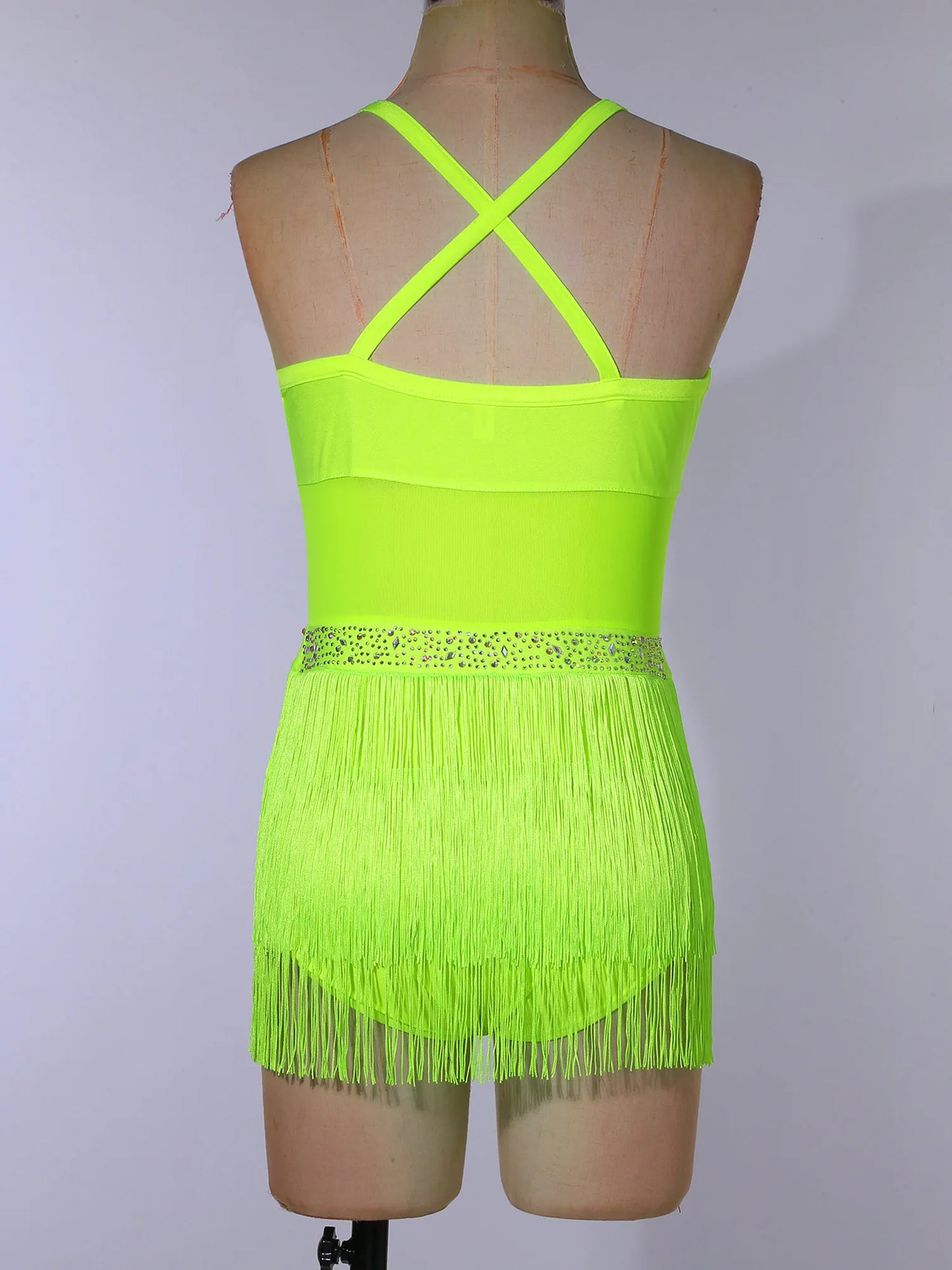 Womens Latin Dance Dress Sheer Mesh Patchwork Tiered Tassel Bodysuit Dress and Gloves for Tango Samba Dance Ballroom Dancewear