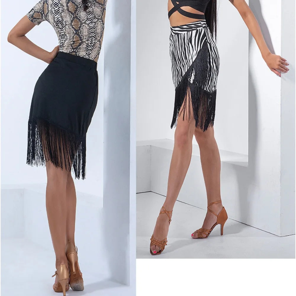 Women Latin Dance Skirt Asymmetrical Cross Hem Fringe Short Skirt Salsa Practice Performance