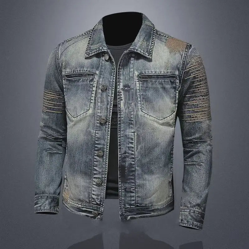 2025 Men's Autumn Winter Brand Casual Cotton Jacket with American Retro Motorcycle Embroidered Street Fashion Grey Jeans Coat