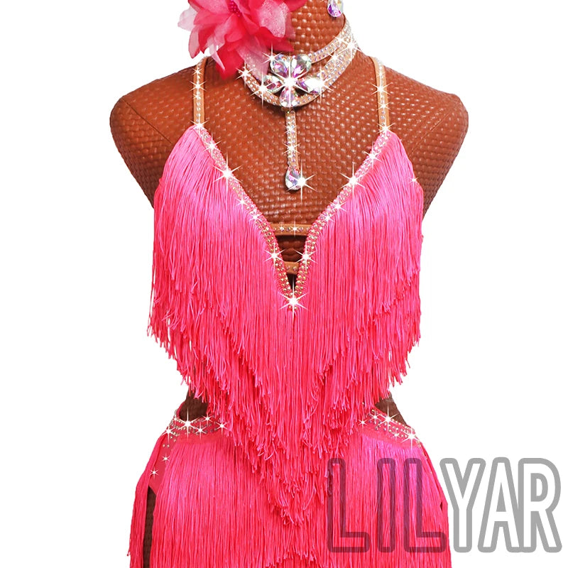 New professional Latin Dance Performance Competition Dress Adult Women Sparkling Pink Tassel Backless Dance Dress