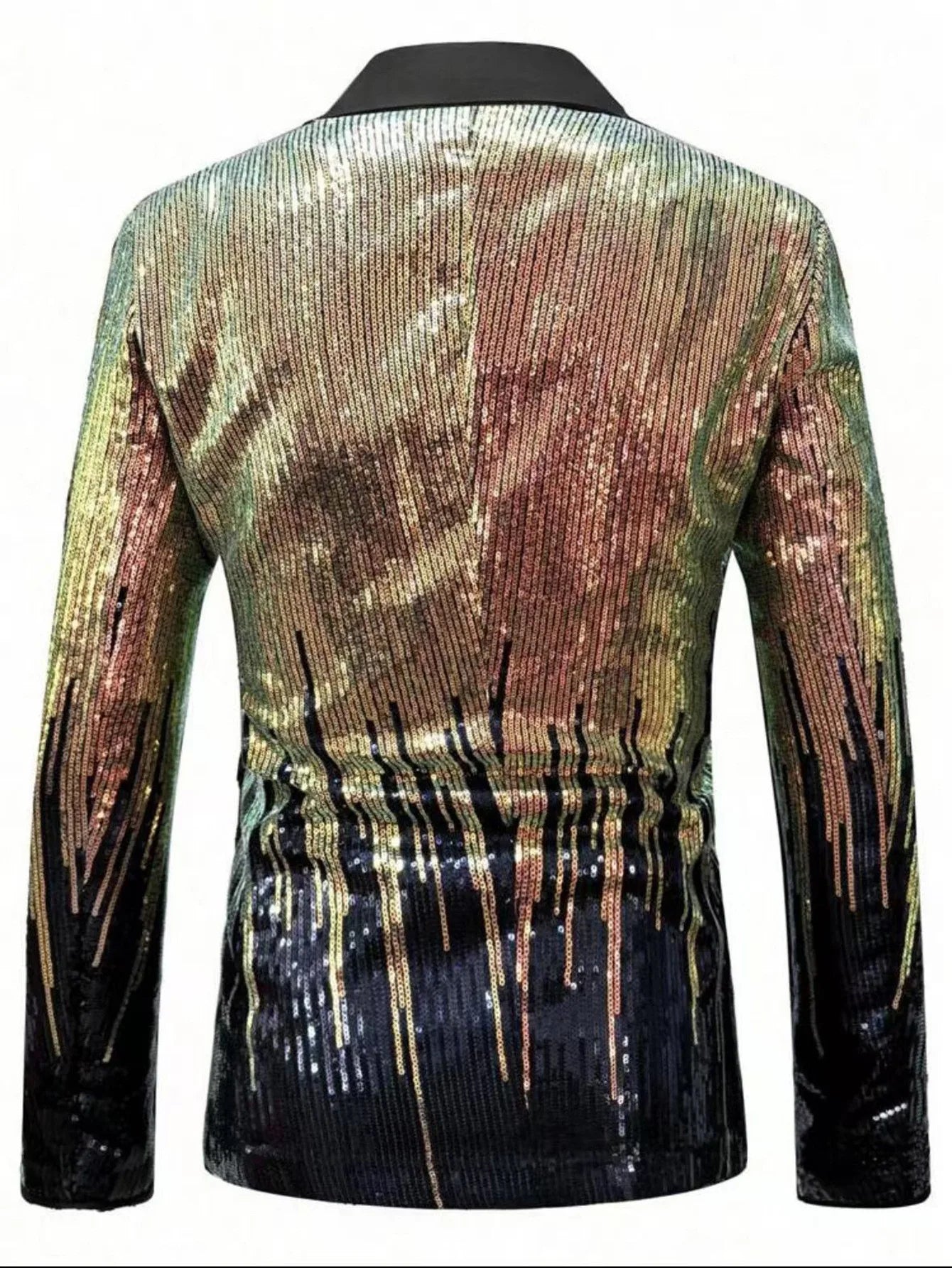 Shiny Sequin Tuxedo Jacket for Men - Royal Blue & Gold Gradient, Black Lapel, Formal Party/Wedding/Stage Wear‌ Coat.