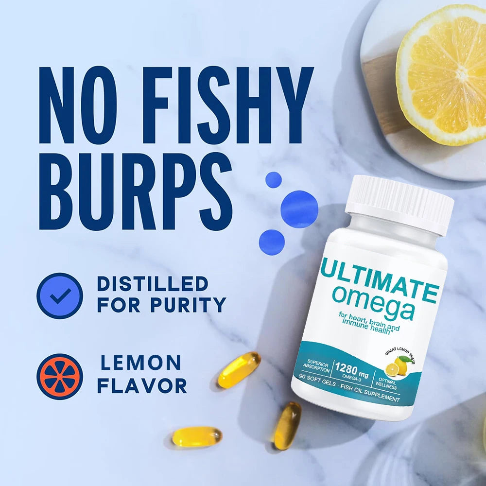 Ultimate Omega 3 Fish Oil Supplement with EPA & DHA - Promotes Brain & Heart Health - 120 Softgels - 1280 Omega-3 - Non-GMO