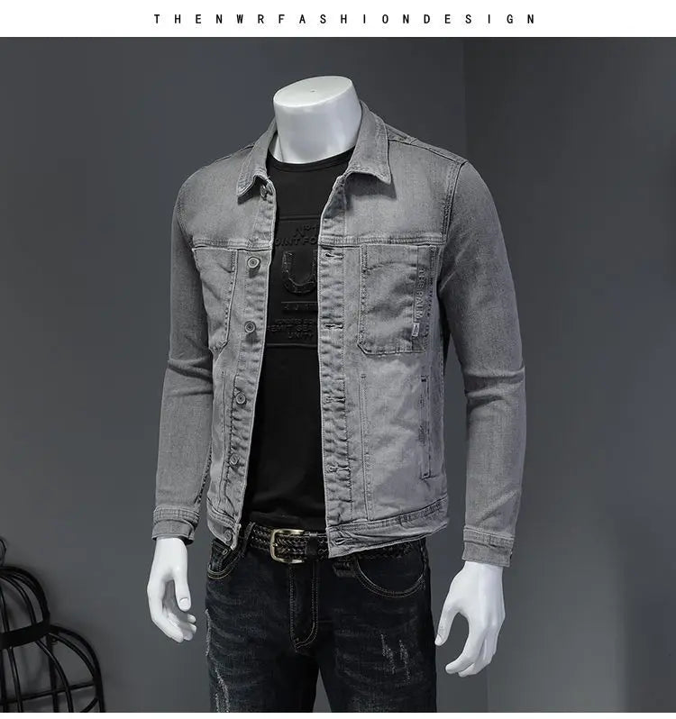 2025 Men's Autumn Winter Brand Casual Cotton Jacket with American Retro Motorcycle Embroidered Street Fashion Grey Jeans Coat