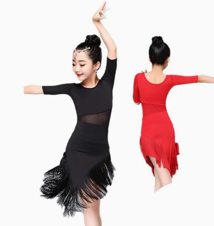 1pcs/lot  Child Girls Latin Dance Dress Fringe Latin Dance Clothes Salsa Costume Black Red Ballroom Tango Dresses