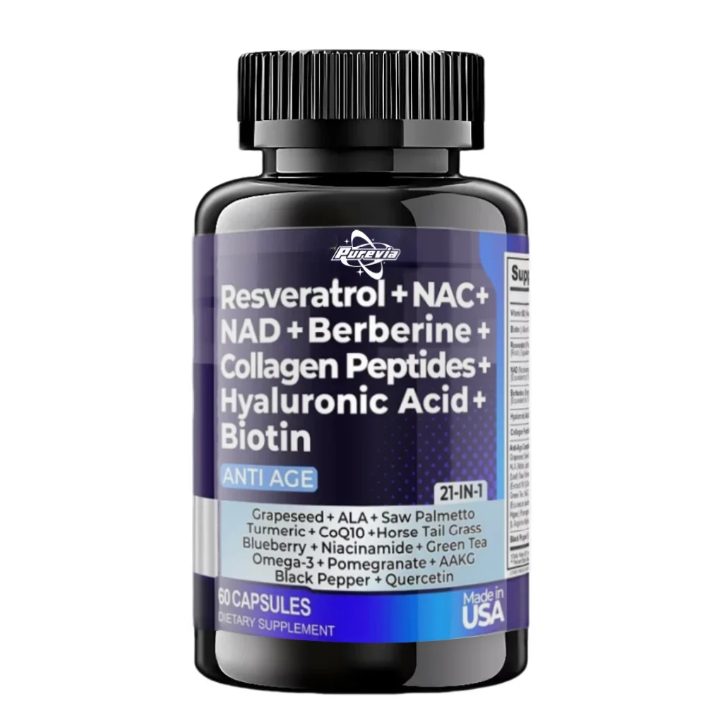 Resveratrol Nad Aspartate Hyaluronic Acid Grape And Blueberry Collagen Peptides Hair, Nail, Skin, And Joint Supplements Capsules