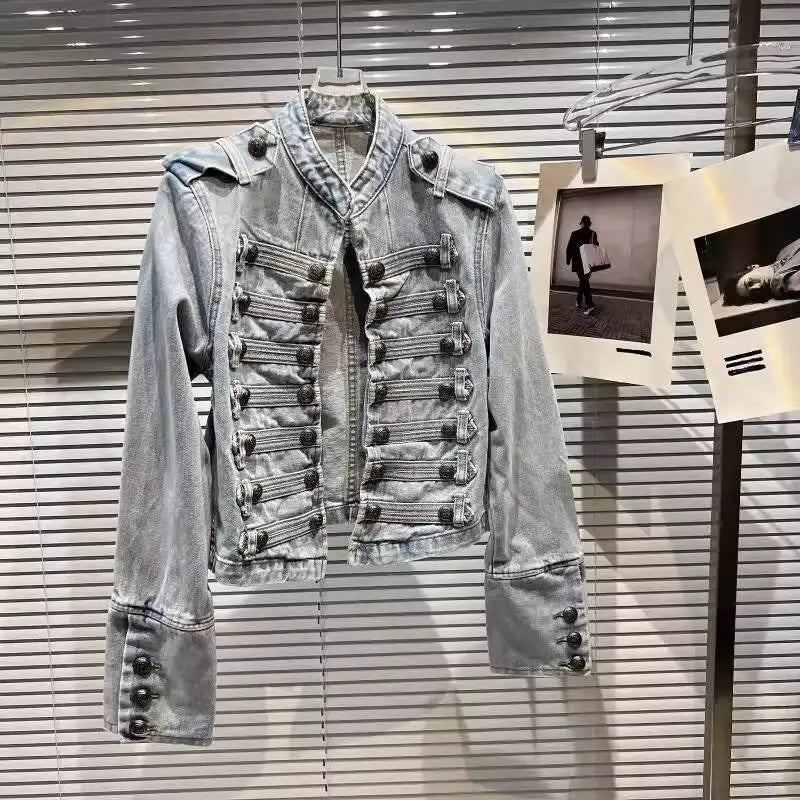 DEAT 2025 Autumn New Fashion Metal Buckle Design Shoulder Strap Denim Short Jacket For Women High Street Coat Female 11A06995