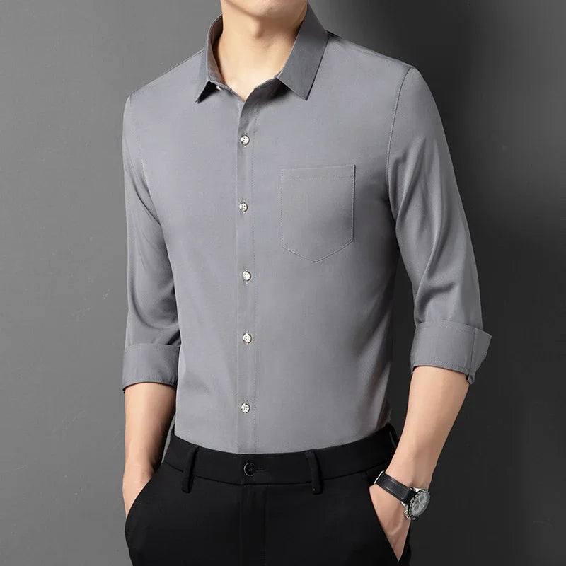 Men's New Casual and Fashionable Long Sleeved Shirt with Pockets Comfortable Wrinkle Resistant and Iron Free Collared Shirt